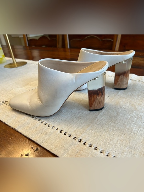 PLV Shoes - Leather White Mule Heels with Acrylic Block Heel Design